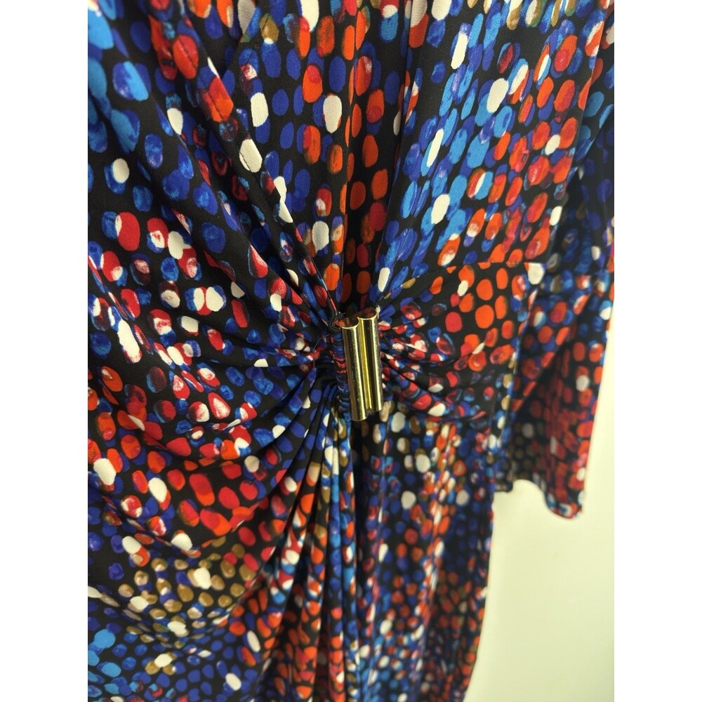 Calvin Klein Blue Colorful Dot Print Ruched Faux Wrap Jersey Dress Sz 12 V Neck - Picture 3 of 11